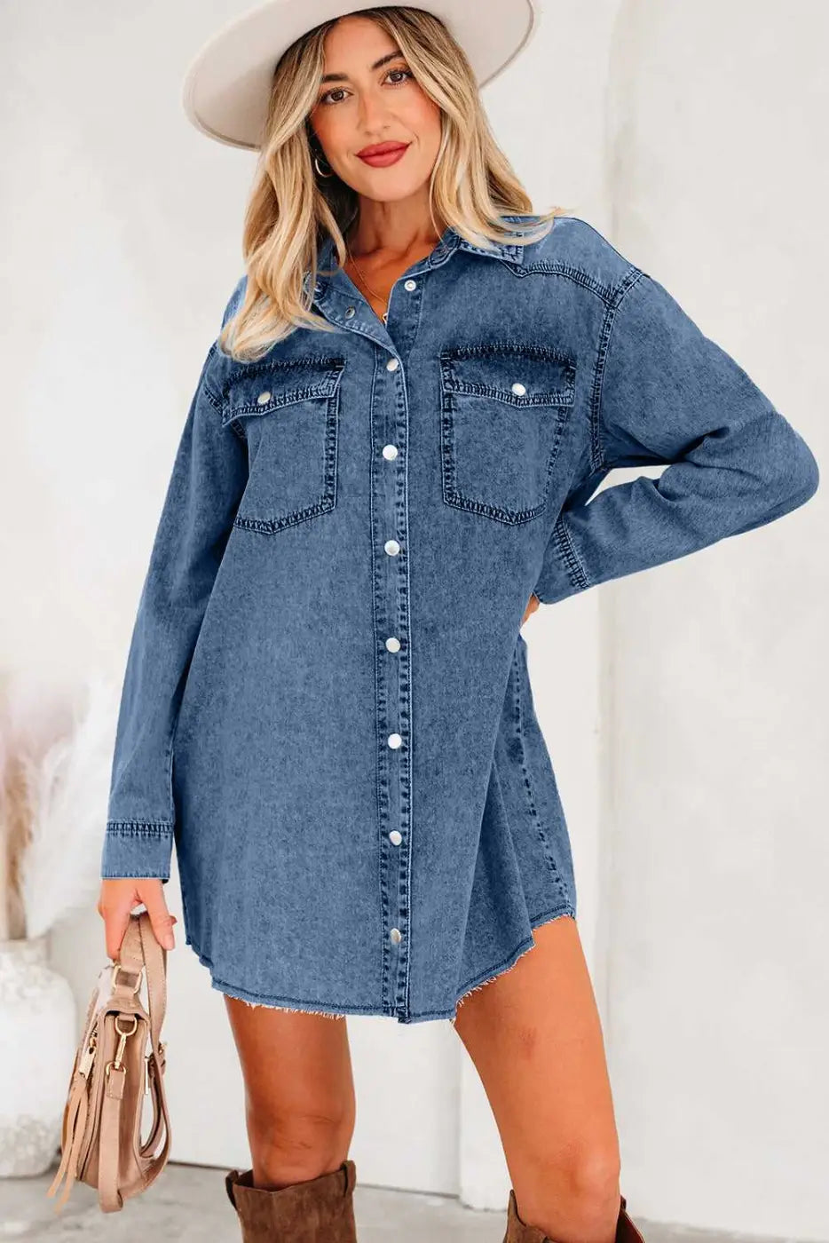 Raw Hem Oversized Denim Shirt Dress Women UK