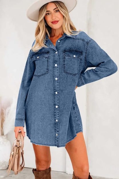Raw Hem Oversized Denim Shirt Dress Women UK