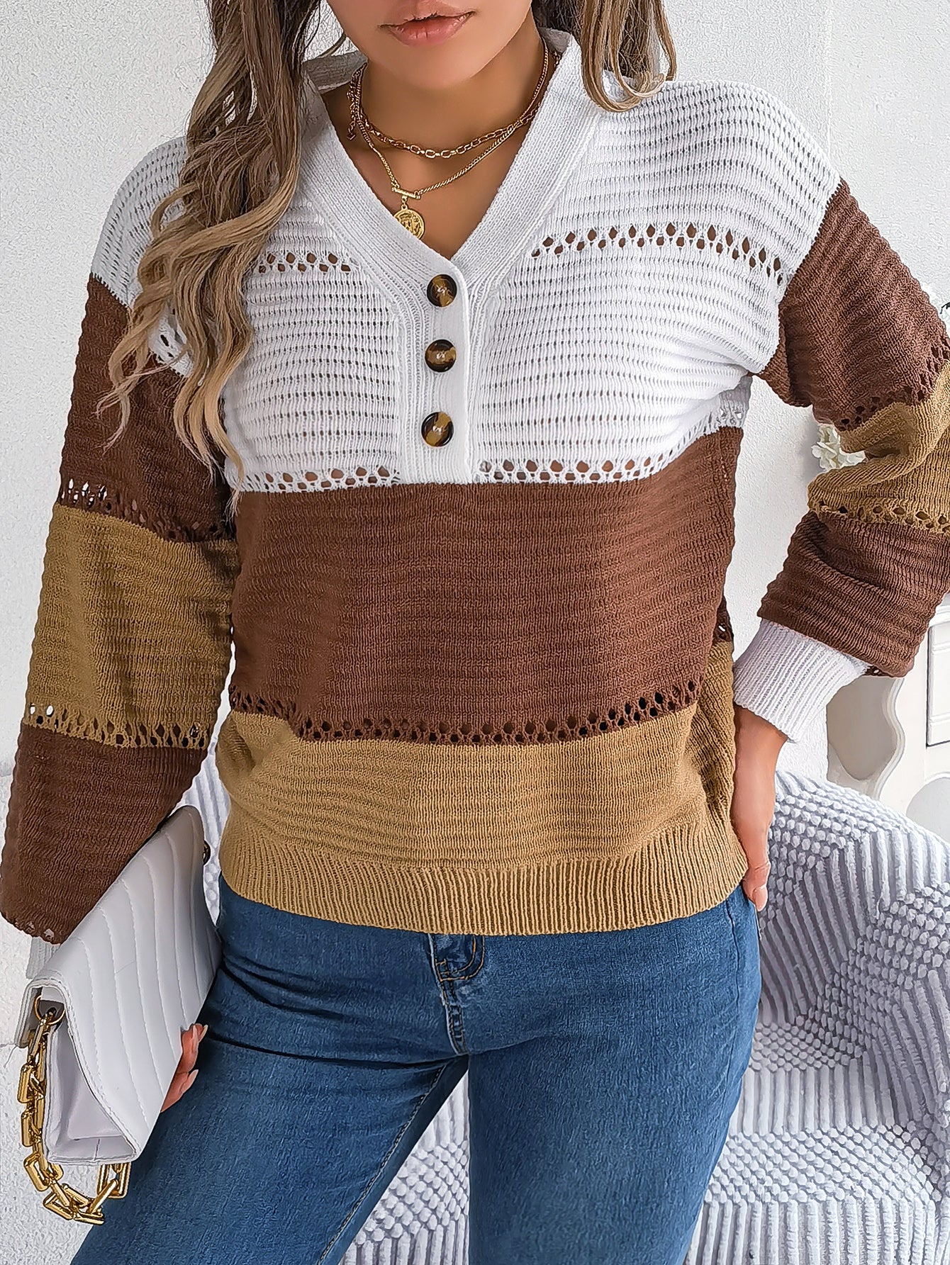 Women Casual Button V-Neck Hollow Out Color Block Lantern Sleeve Pullover Sweater