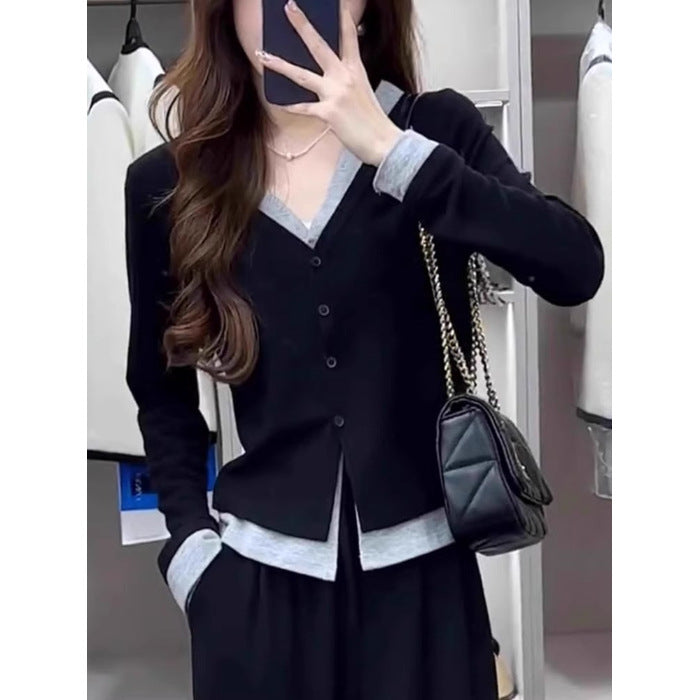 Women's Winter Modal Fake Two-piece V-neck Long-sleeved T-shirt