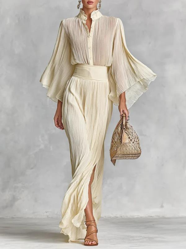 Pleated Wide-sleeve Shirt And Maxi Skirt Two-piece Women's Set