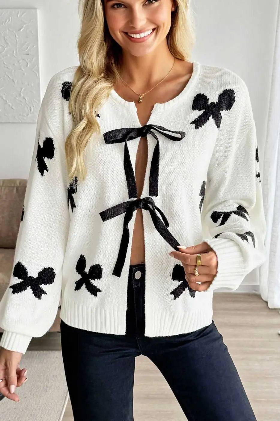 White Lace Bow Knit Cardigan Women UK