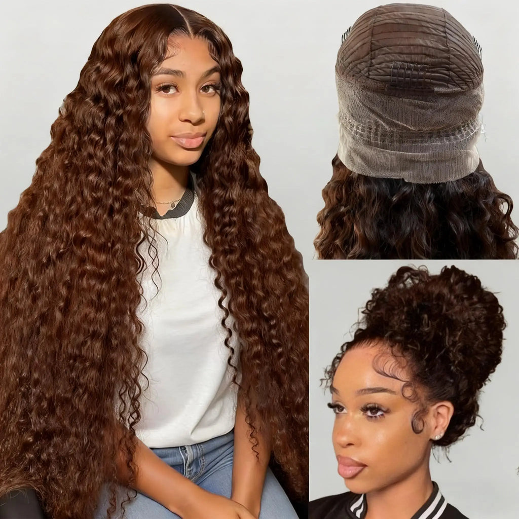 Deep Wave 360 Lace Front Wig Human Hair Chocolate Brown Pre Plucked with Baby Hair 250 Density Curly Glueless 24 Inch