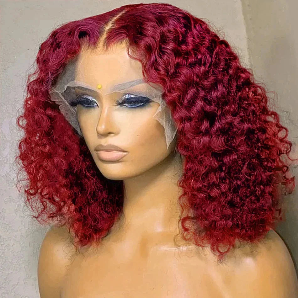 Red Colored 99J Curly Deep Water Wave 13x4 Lace Front Wigs Short Bob 100%