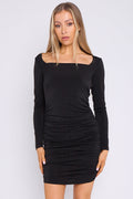 Black Diamante Ruched Mini Dress with Long Sleeves