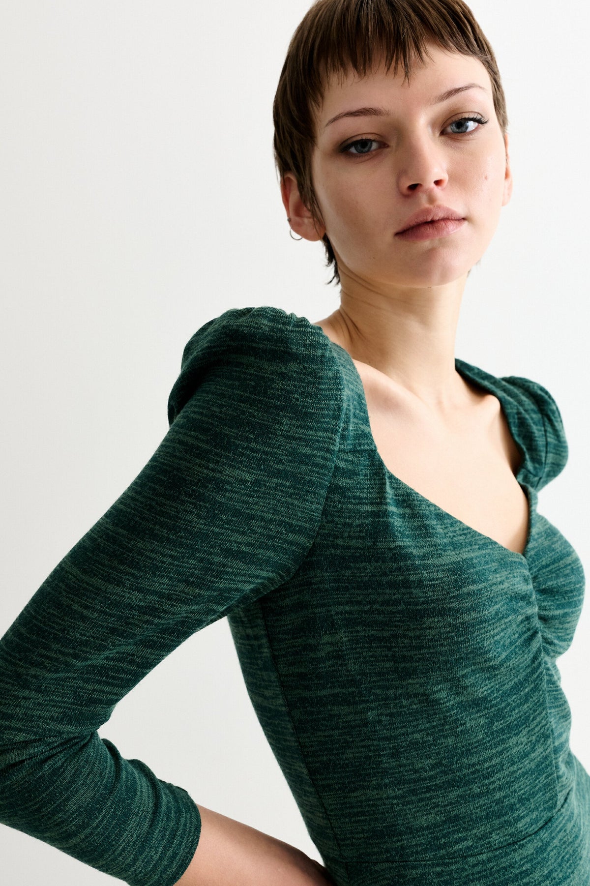Ambrose Sustainable Marl Sweetheart Neck Midi Dress - Green