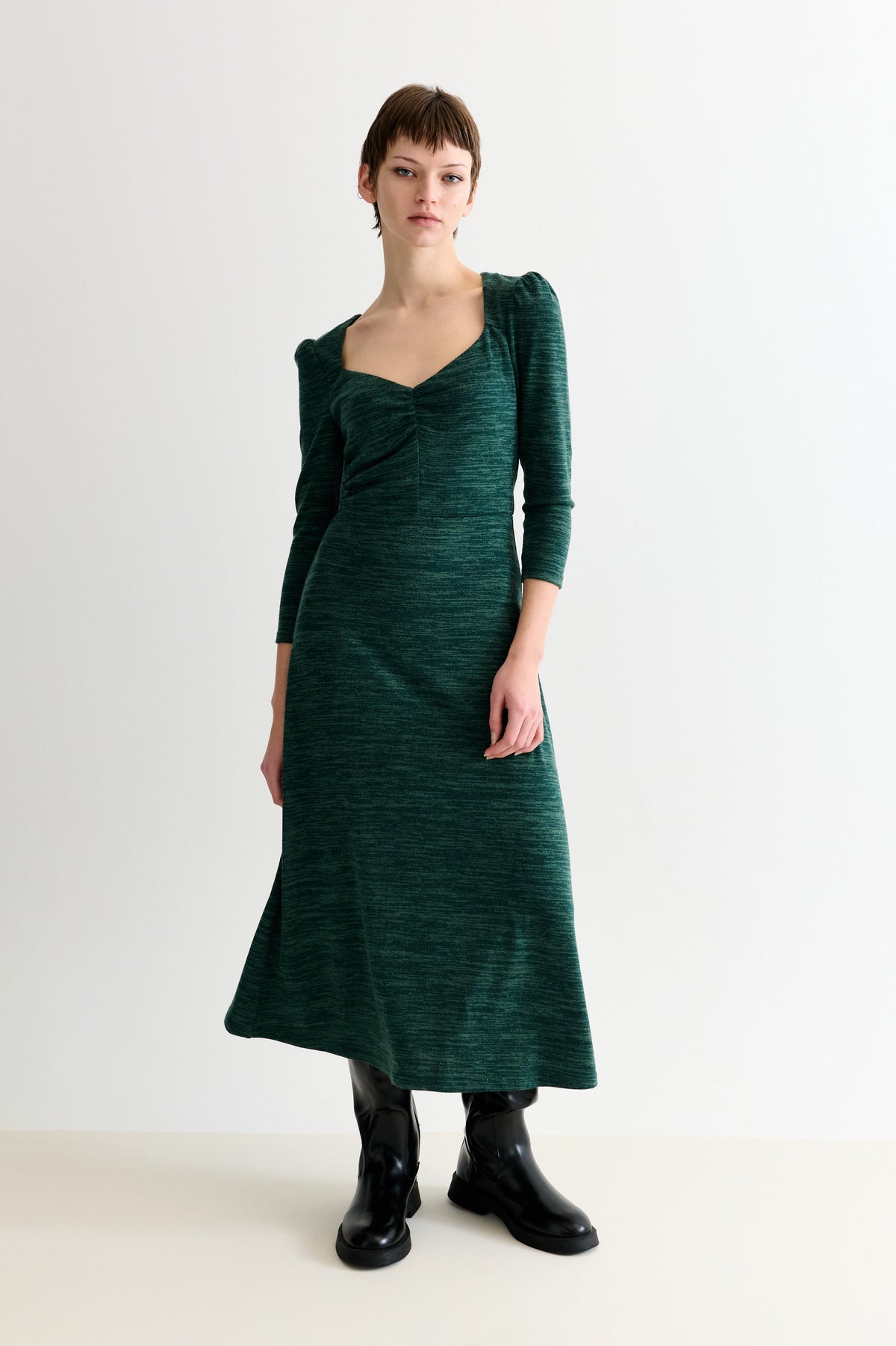 Ambrose Sustainable Marl Sweetheart Neck Midi Dress - Green