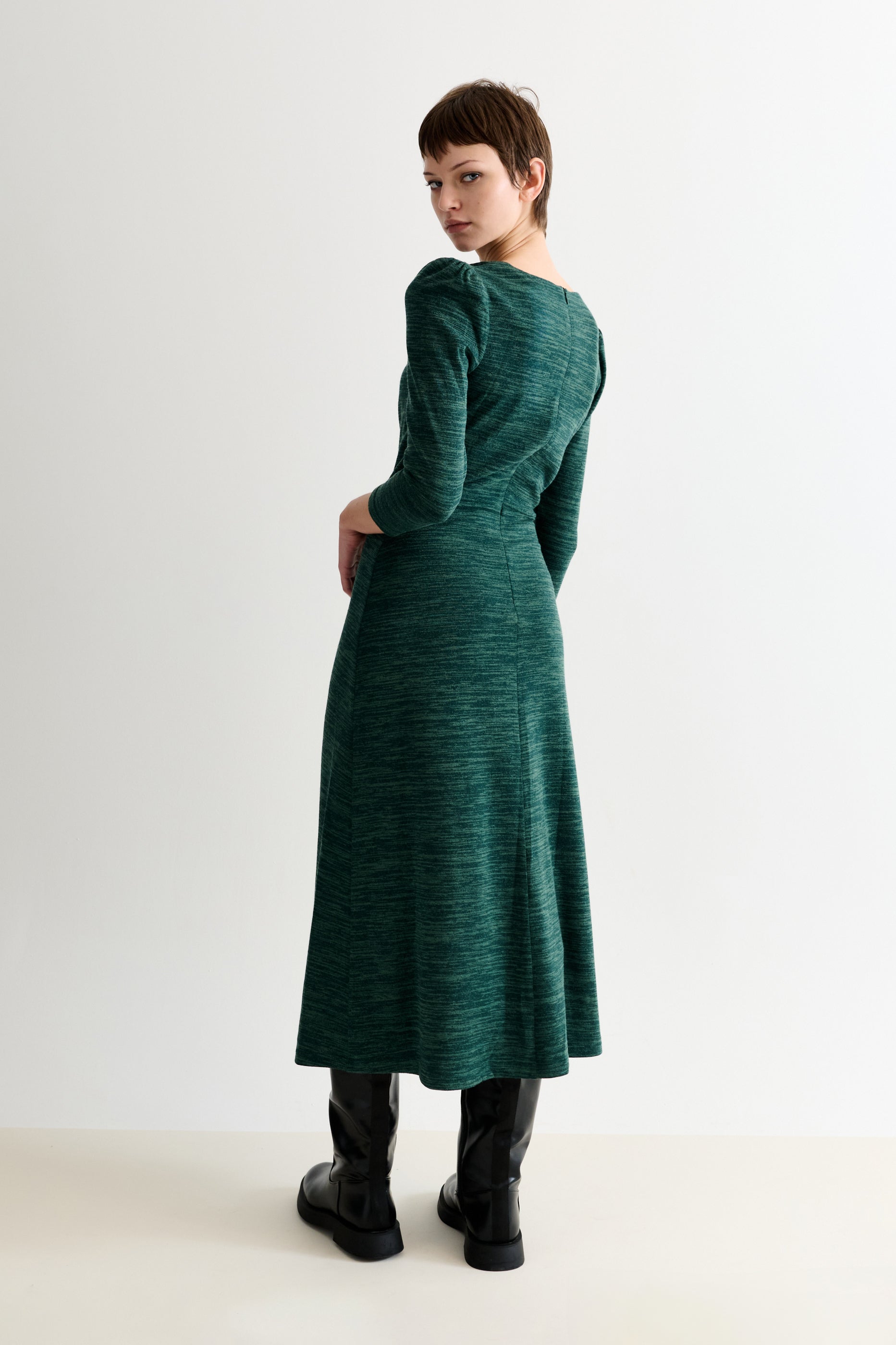 Ambrose Sustainable Marl Sweetheart Neck Midi Dress - Green