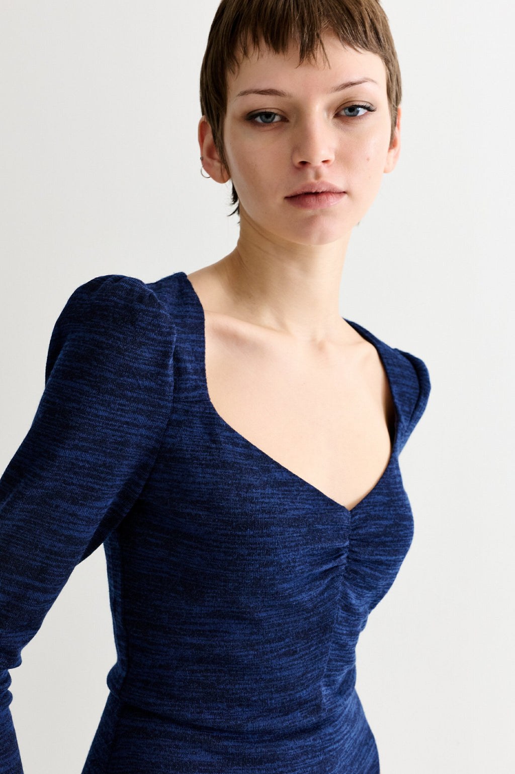 Ambrose Sustainable Marl Sweetheart Neck Midi Dress - Navy