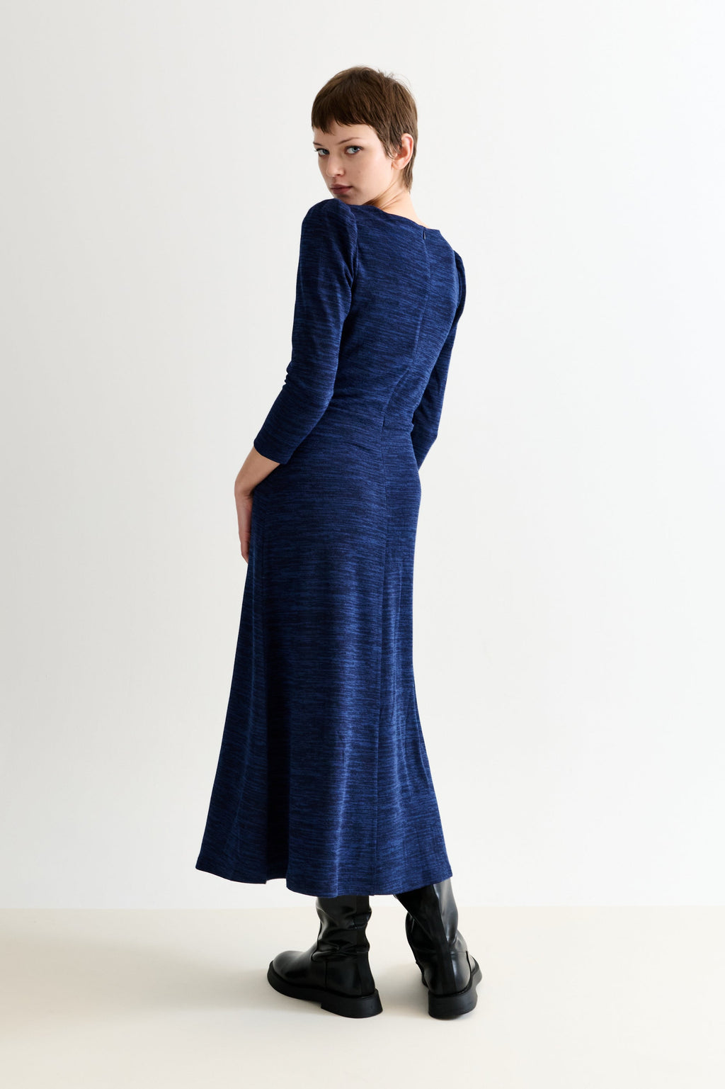 Ambrose Sustainable Marl Sweetheart Neck Midi Dress - Navy