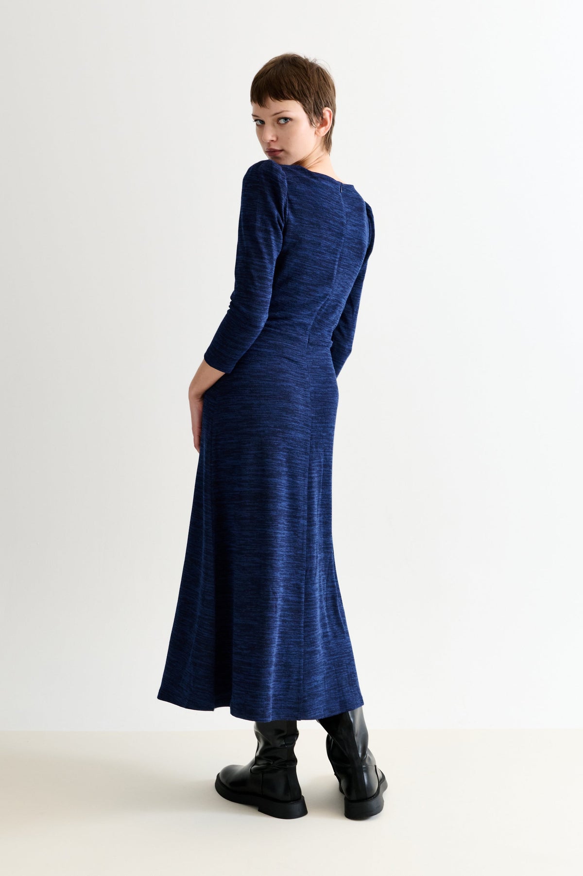 Ambrose Sustainable Marl Sweetheart Neck Midi Dress - Navy