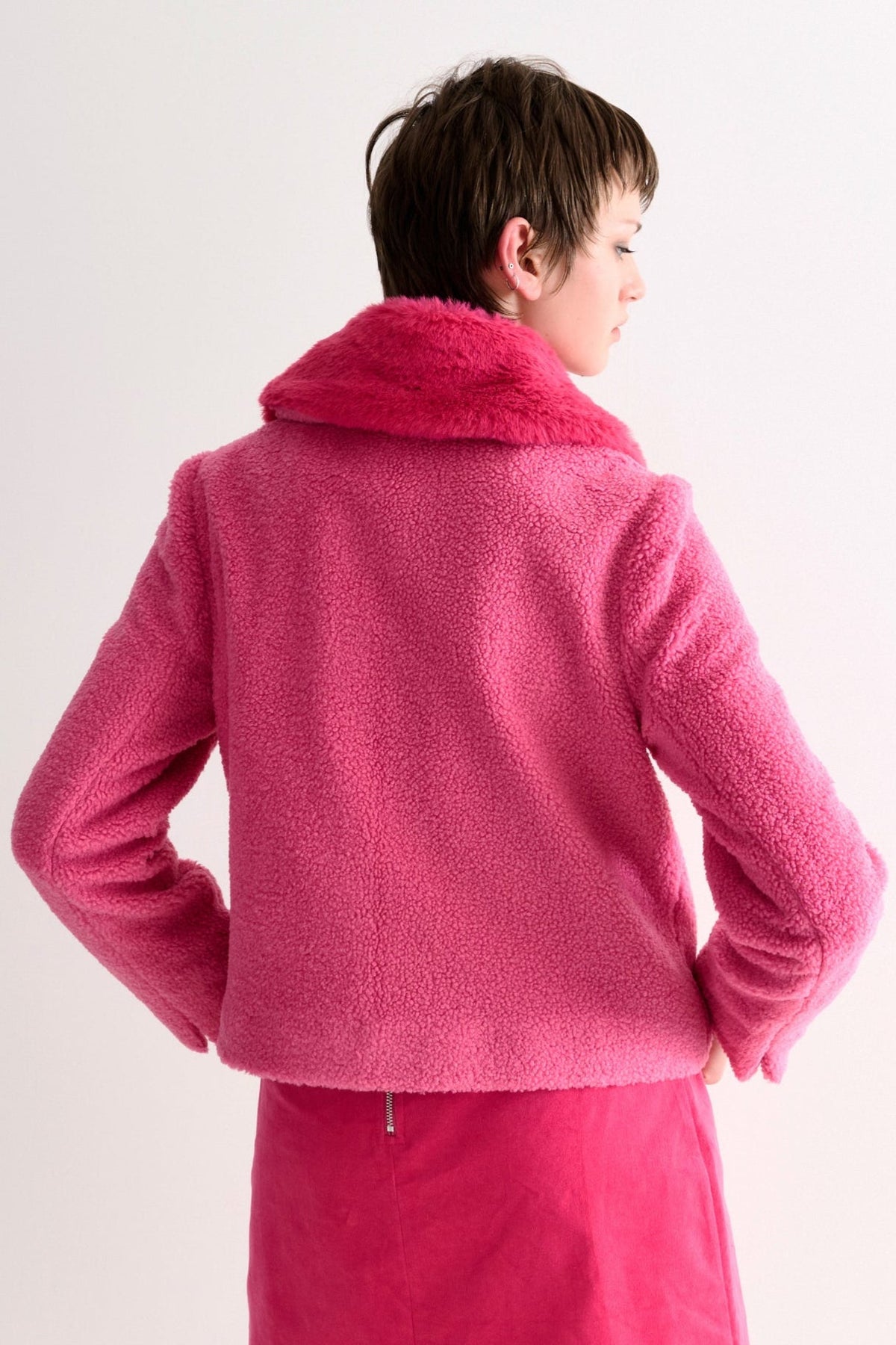 Apple Borg Faux Fur Collar Cropped Jacket - Pink
