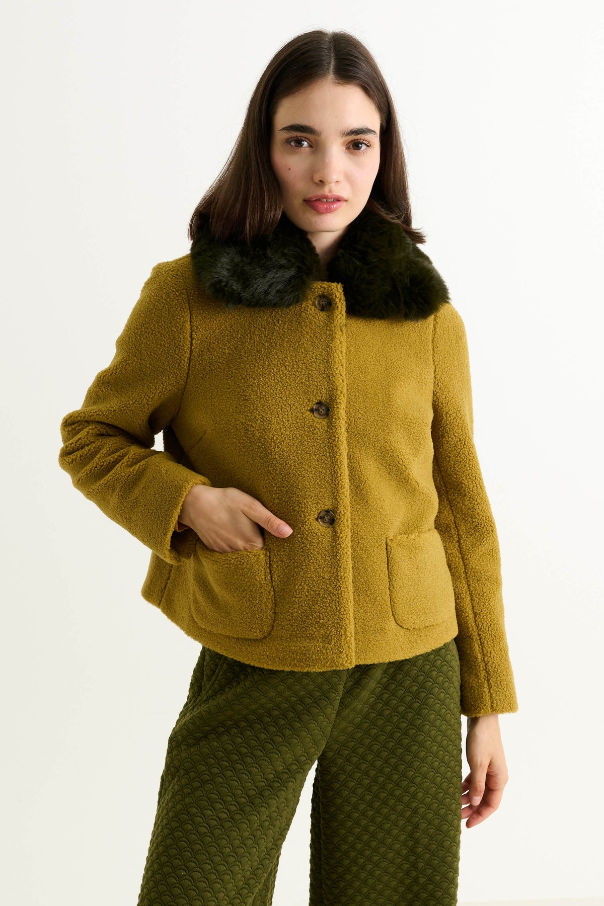 Apple Borg Faux Fur Collar Cropped Jacket - Mustard