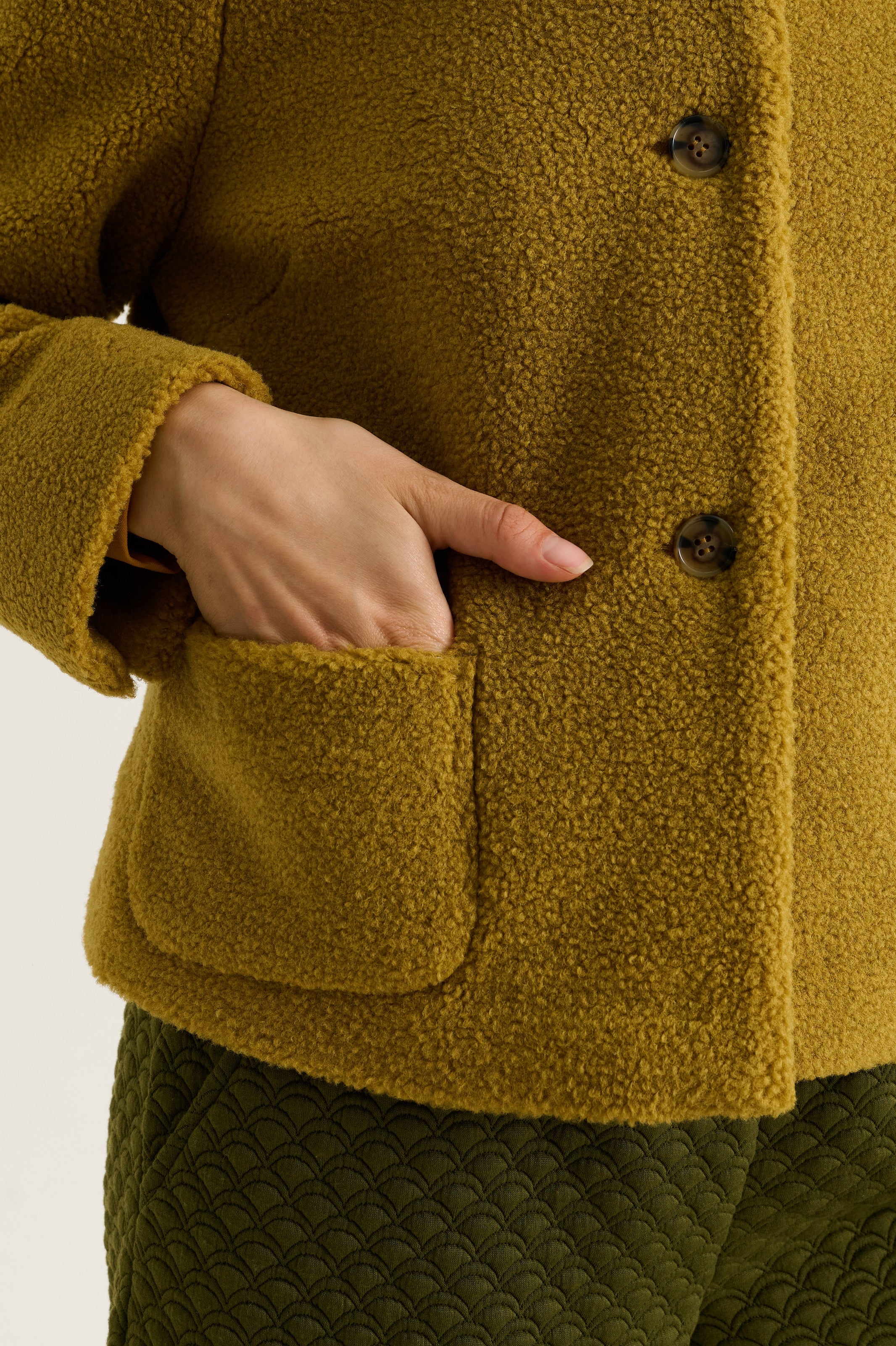 Apple Borg Faux Fur Collar Cropped Jacket - Mustard