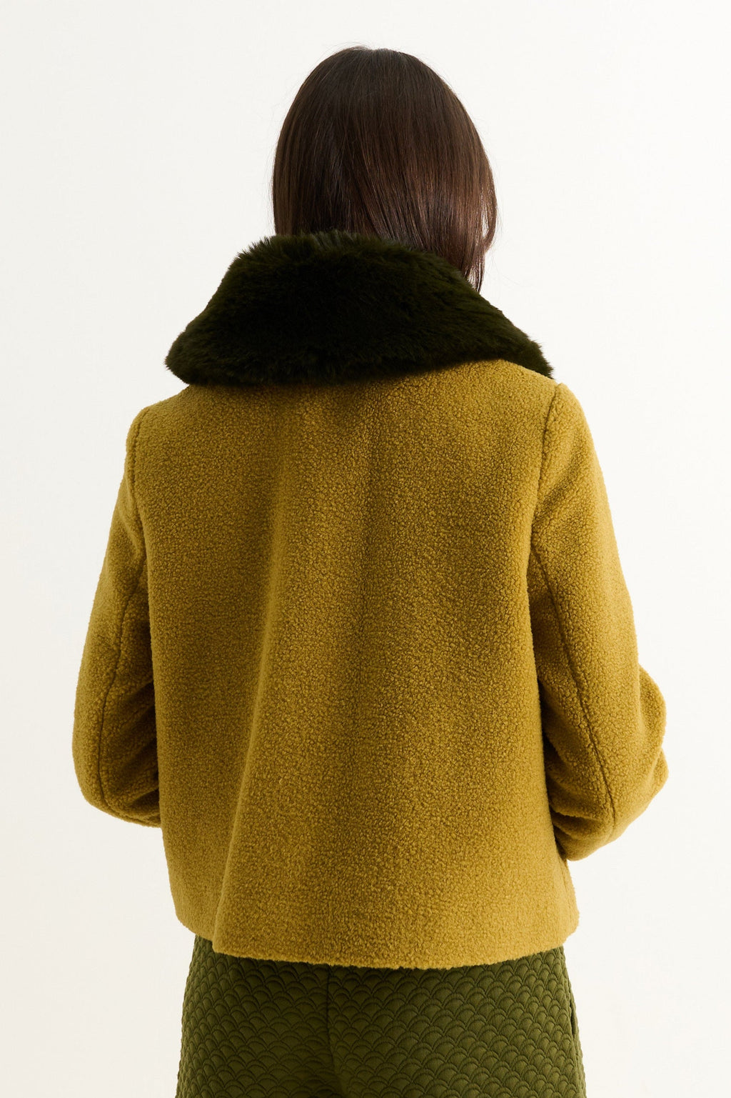 Apple Borg Faux Fur Collar Cropped Jacket - Mustard