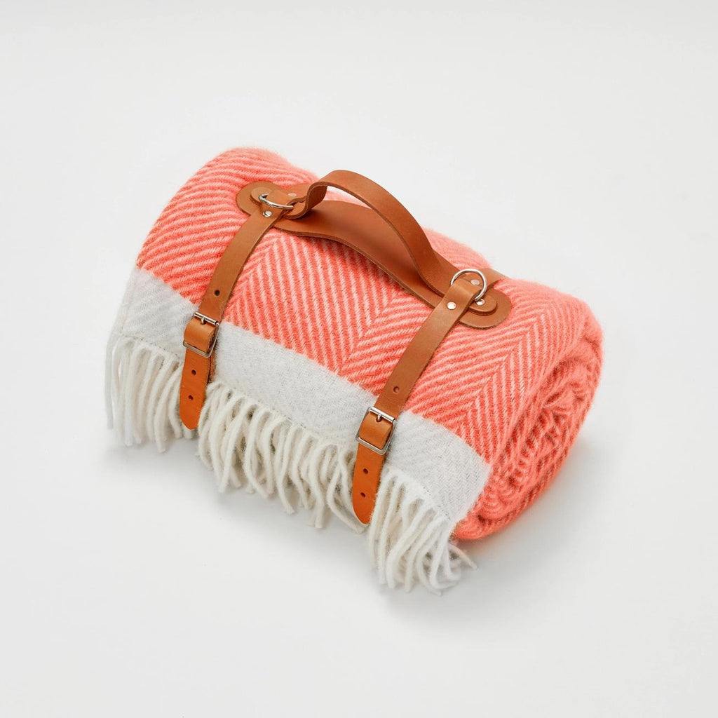 Herringbone Wool Picnic Blanket Coral