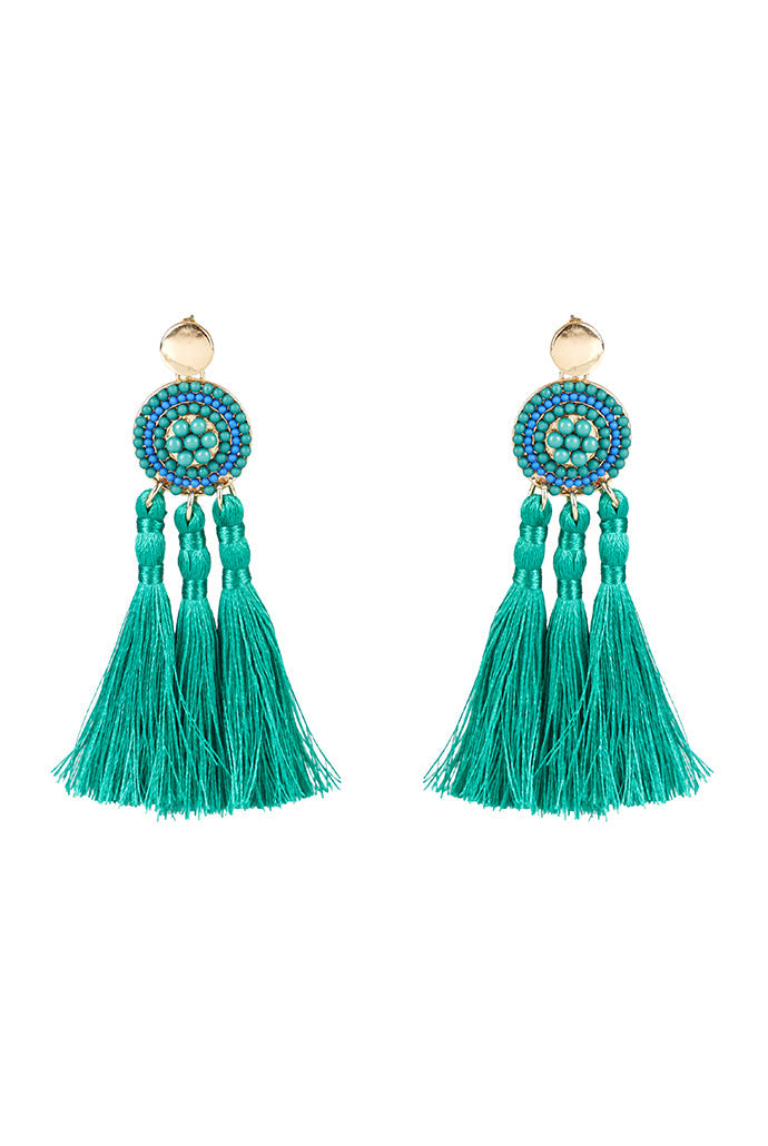 Austen Beaded 3 Tassel Earrings - Green