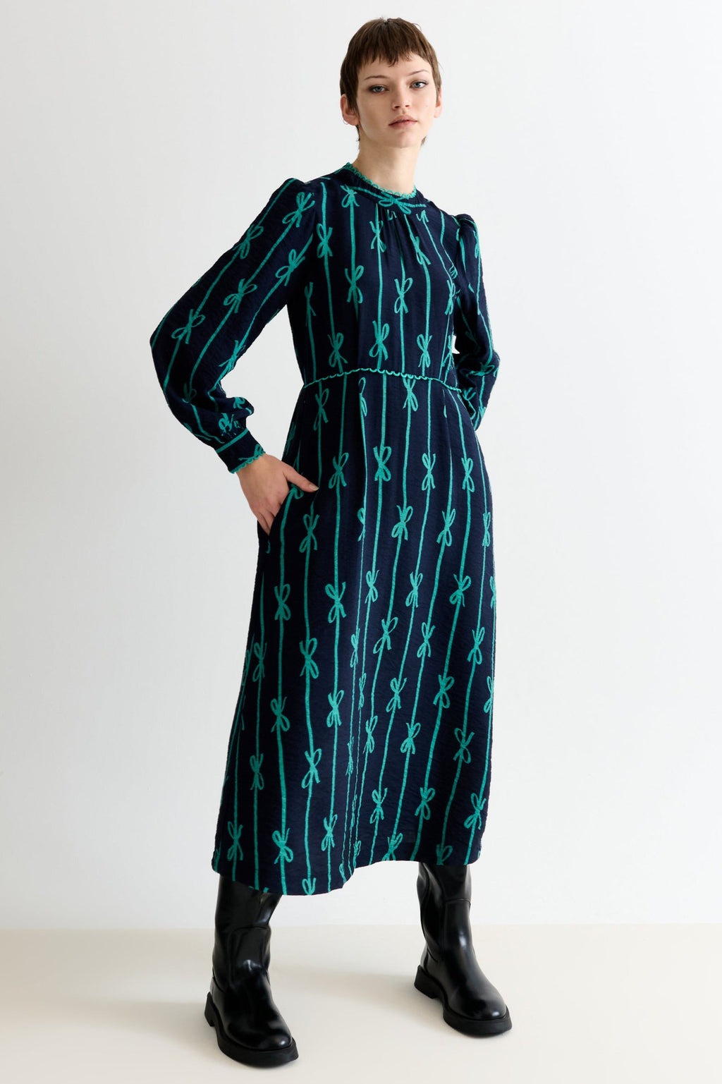 Avon Tie Up High Neck Long Sleeve Midi Dress - Navy