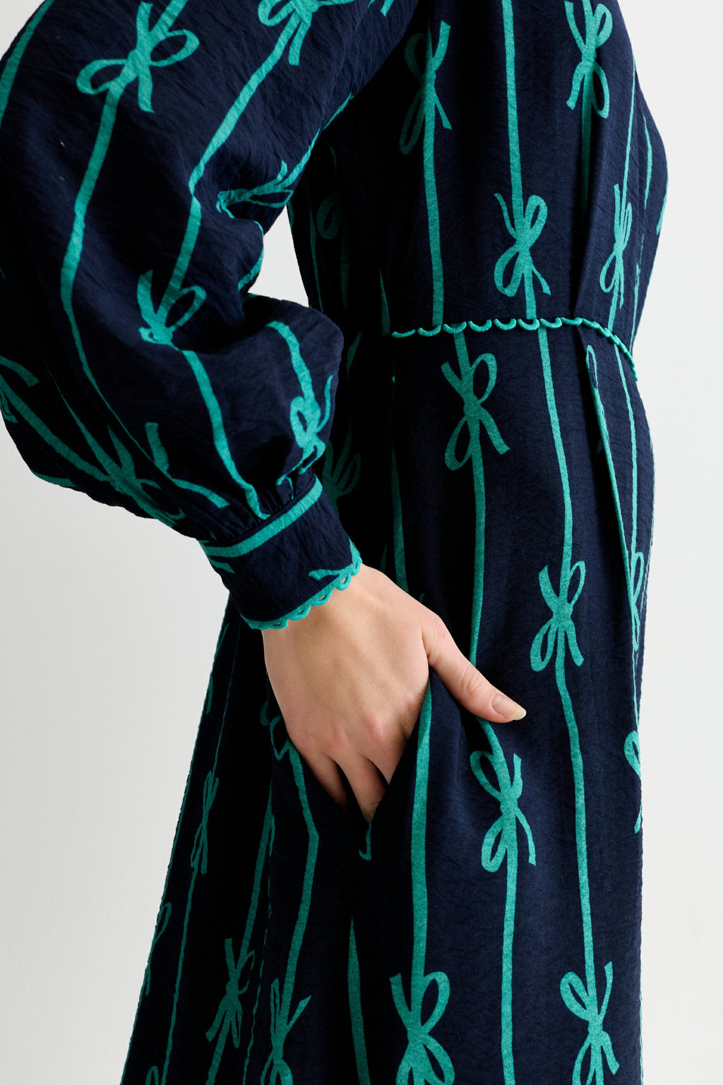 Avon Tie Up High Neck Long Sleeve Midi Dress - Navy