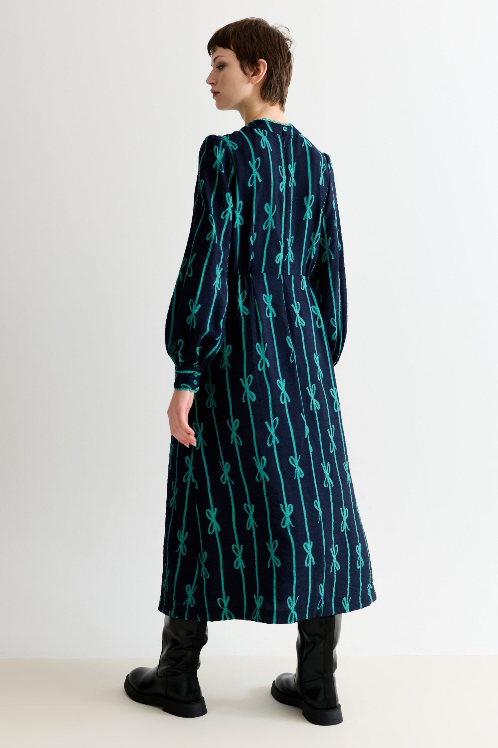 Avon Tie Up High Neck Long Sleeve Midi Dress - Navy