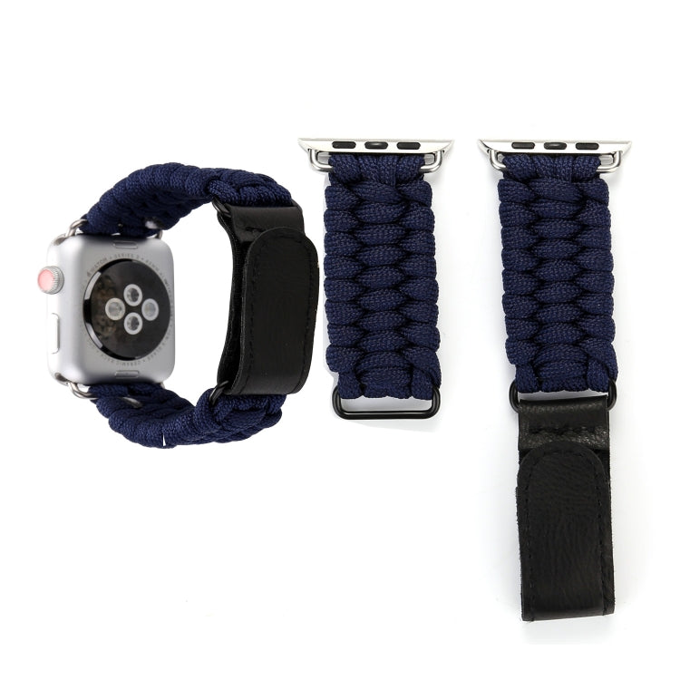 Magic Paste Genuine Leather Umbrella Rope Nylon Wrist Watch Band with and Stainless Steel Buckle for Apple Watch Series 10 42mm / 9&8&7 41mm / SE 3&SE 2&6&SE&5&4 40mm / 3&2&1 38mm