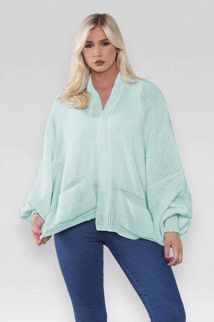 Ladies Oversized Cropped Short Balloon Pocket Chunky Knitted Cardigan