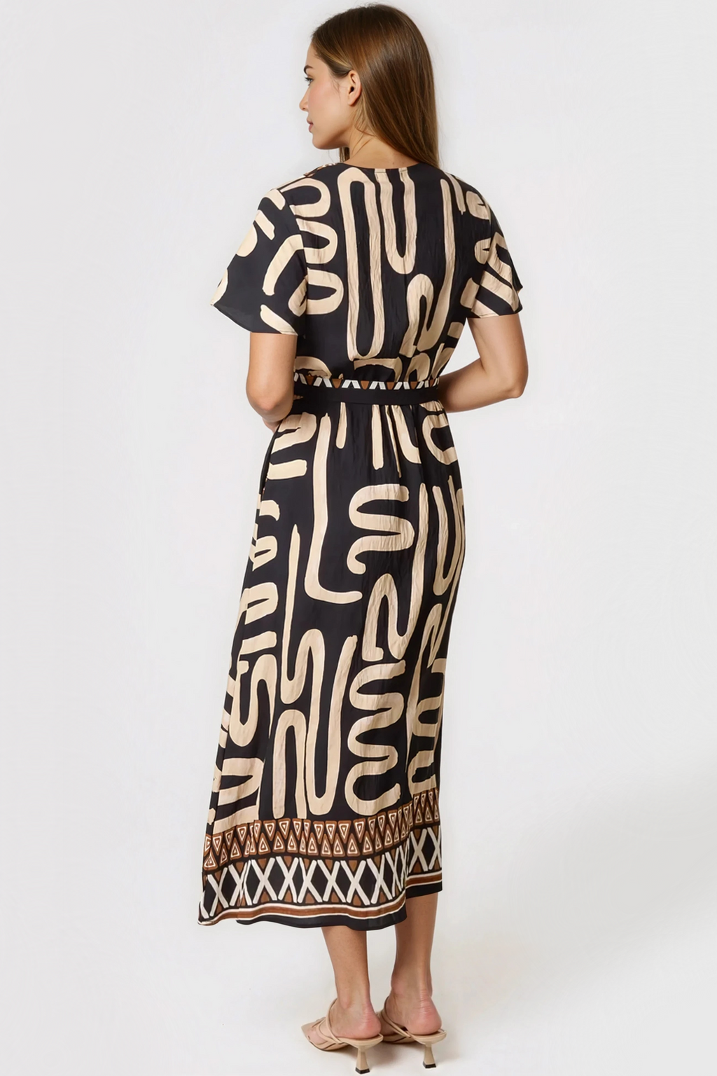 Black Abstract Print Wrap Midi Dress