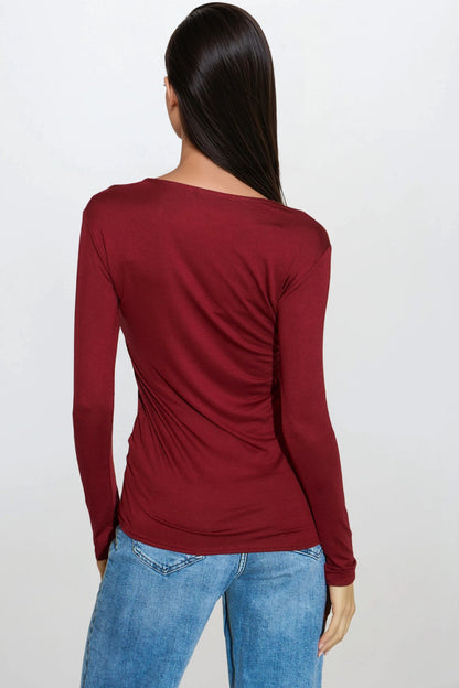 Wine V Neck Long Sleeve Top