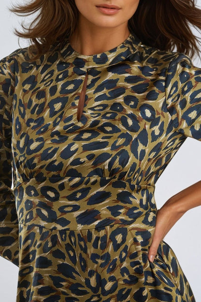 Khaki Animal High Neck Keyhole Mini Dress