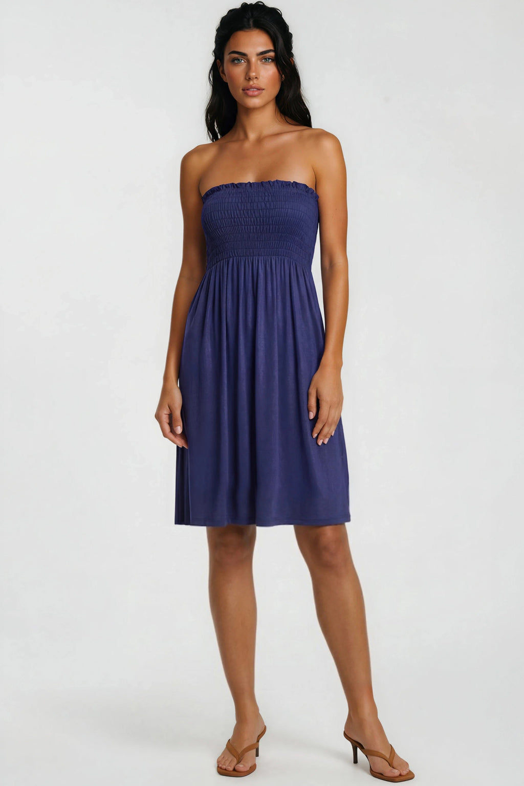 Navy Shirred Bandeau Mini Dress