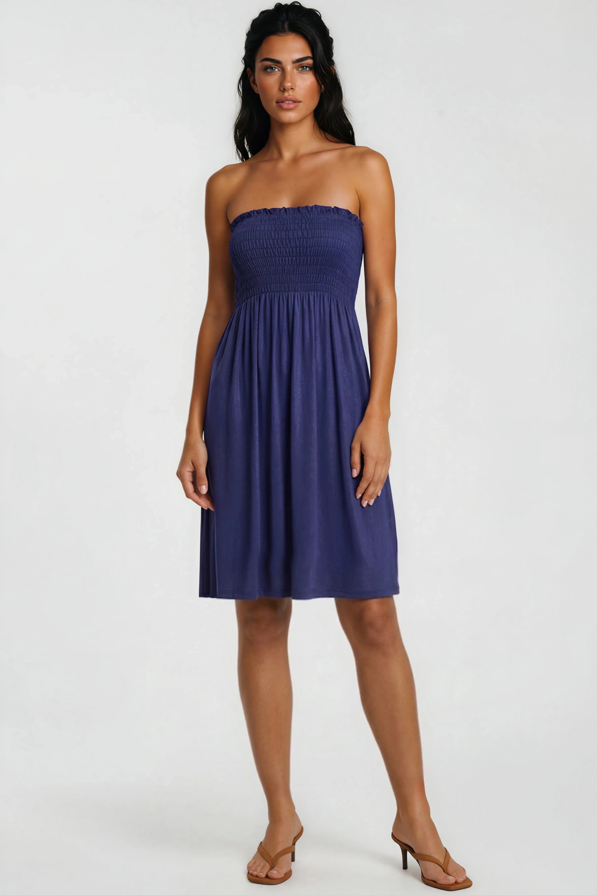 Navy Shirred Bandeau Mini Dress