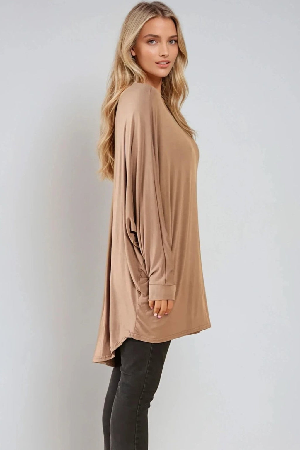 Mocha Oversized Batwing High Low Top