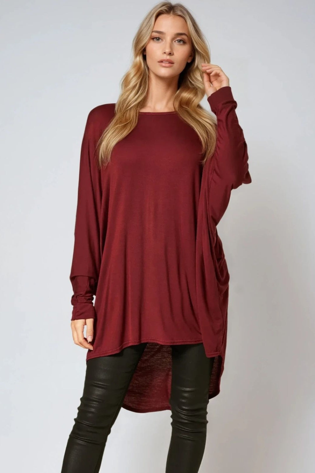 Wine Oversized Batwing High Low Top
