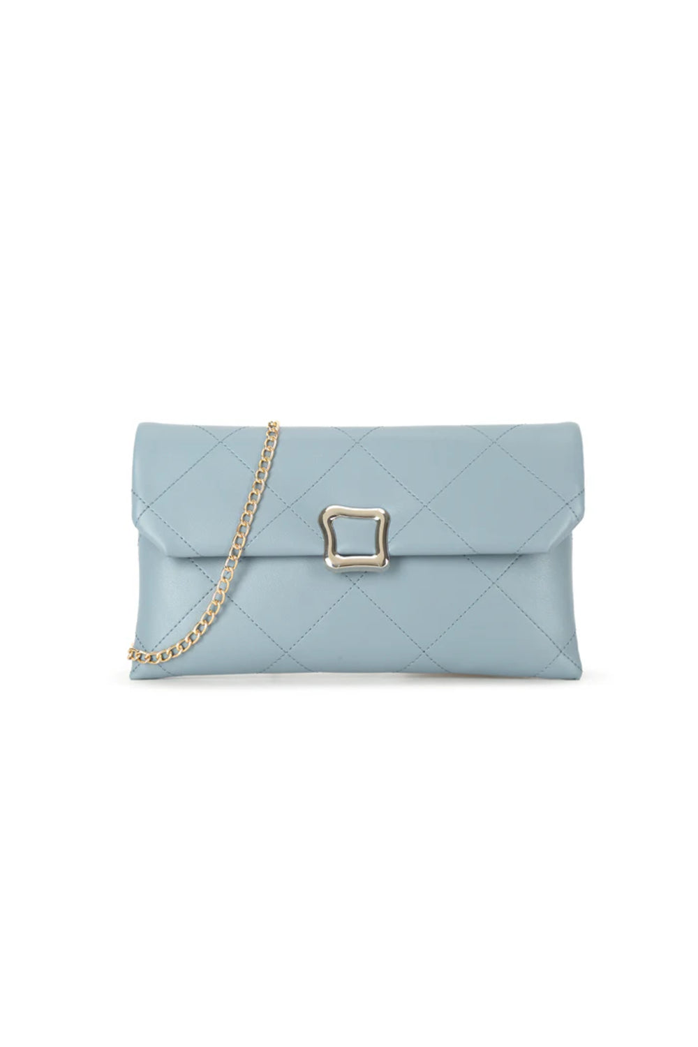 Blue Faux Leather Clutch Bag with Chain Strap