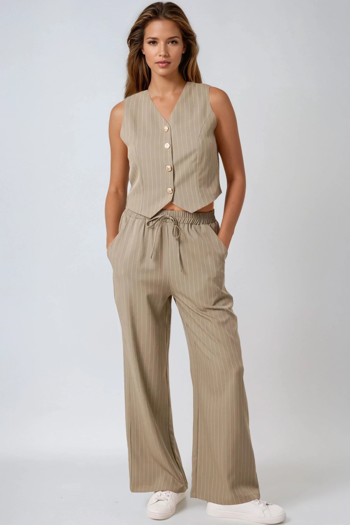 Khaki Pinstripe Wide Leg Trousers and Waistcoat Co-Ord Set