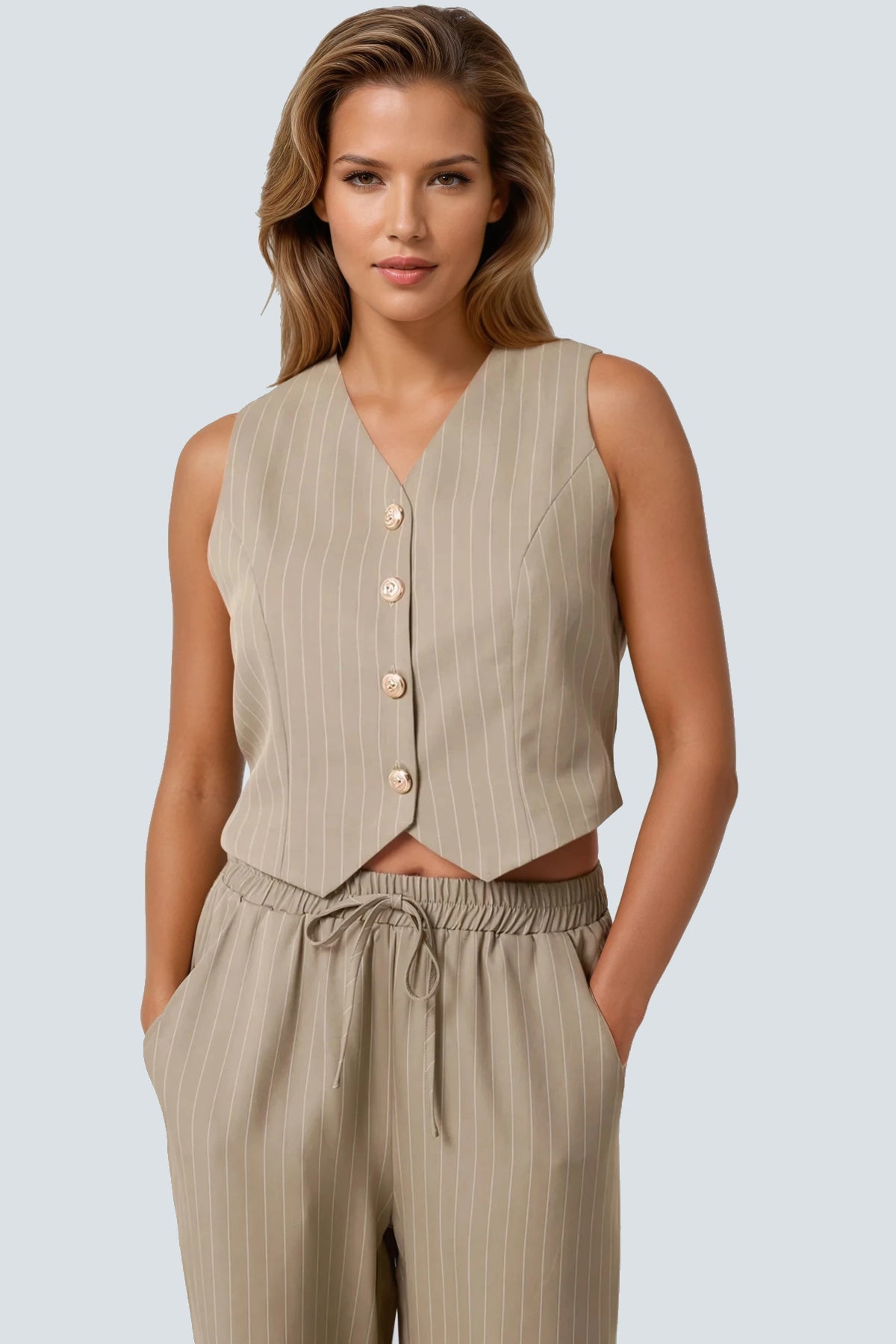 Khaki Pinstripe Wide Leg Trousers and Waistcoat Co-Ord Set