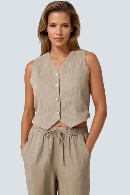 Khaki Pinstripe Wide Leg Trousers and Waistcoat Co-Ord Set