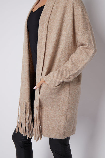 Beige Fringed Tassel Cardigan with Shawl Collar