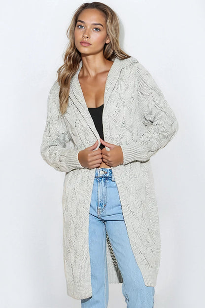 Silver Grey Hooded Cable Knitted Longline Cardigan