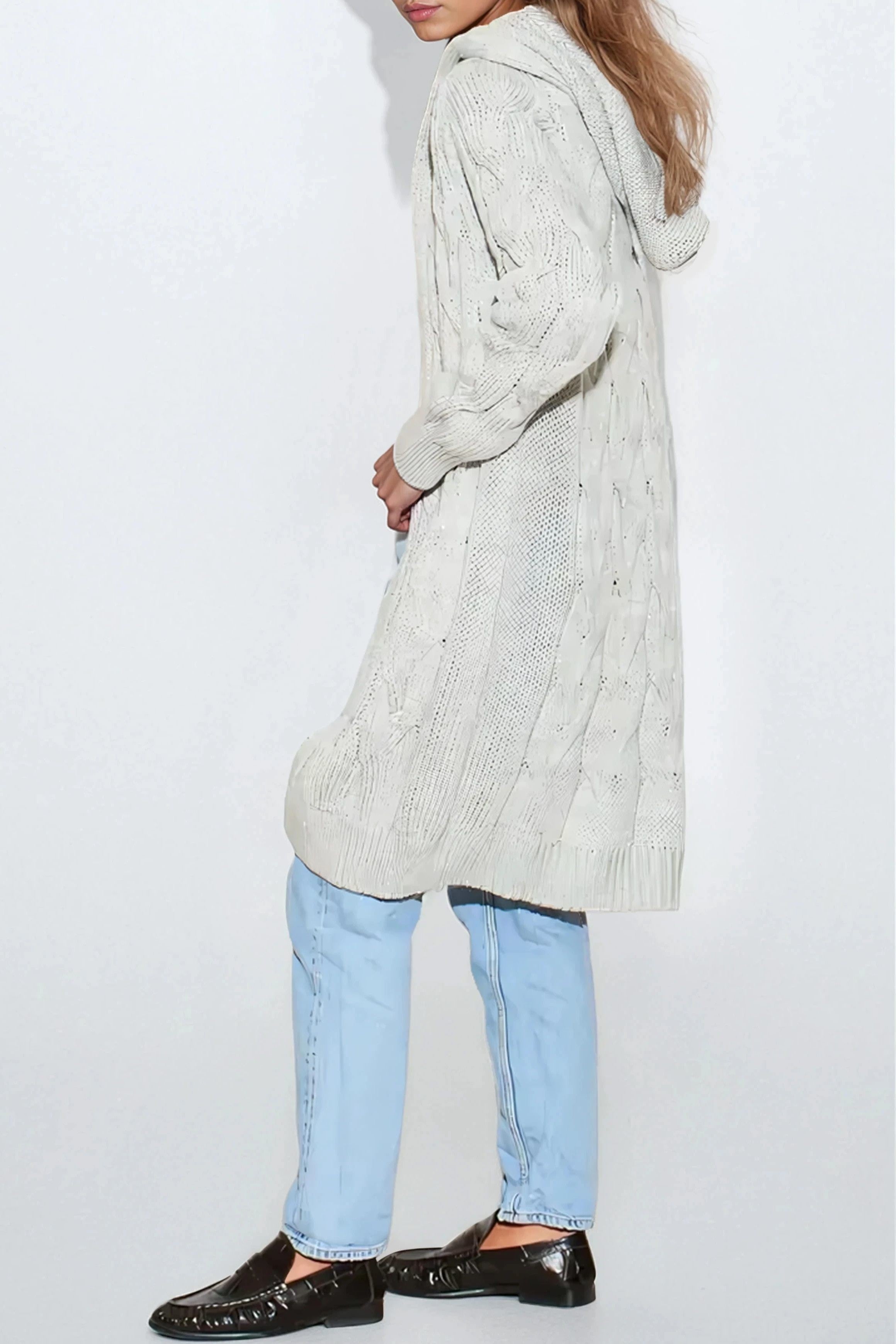 Silver Grey Hooded Cable Knitted Longline Cardigan
