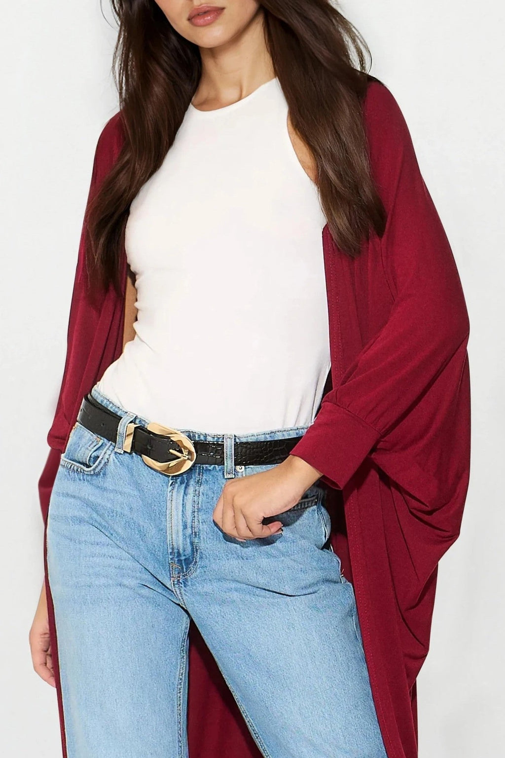 Wine Batwing Sleeve Kimono Cardigan