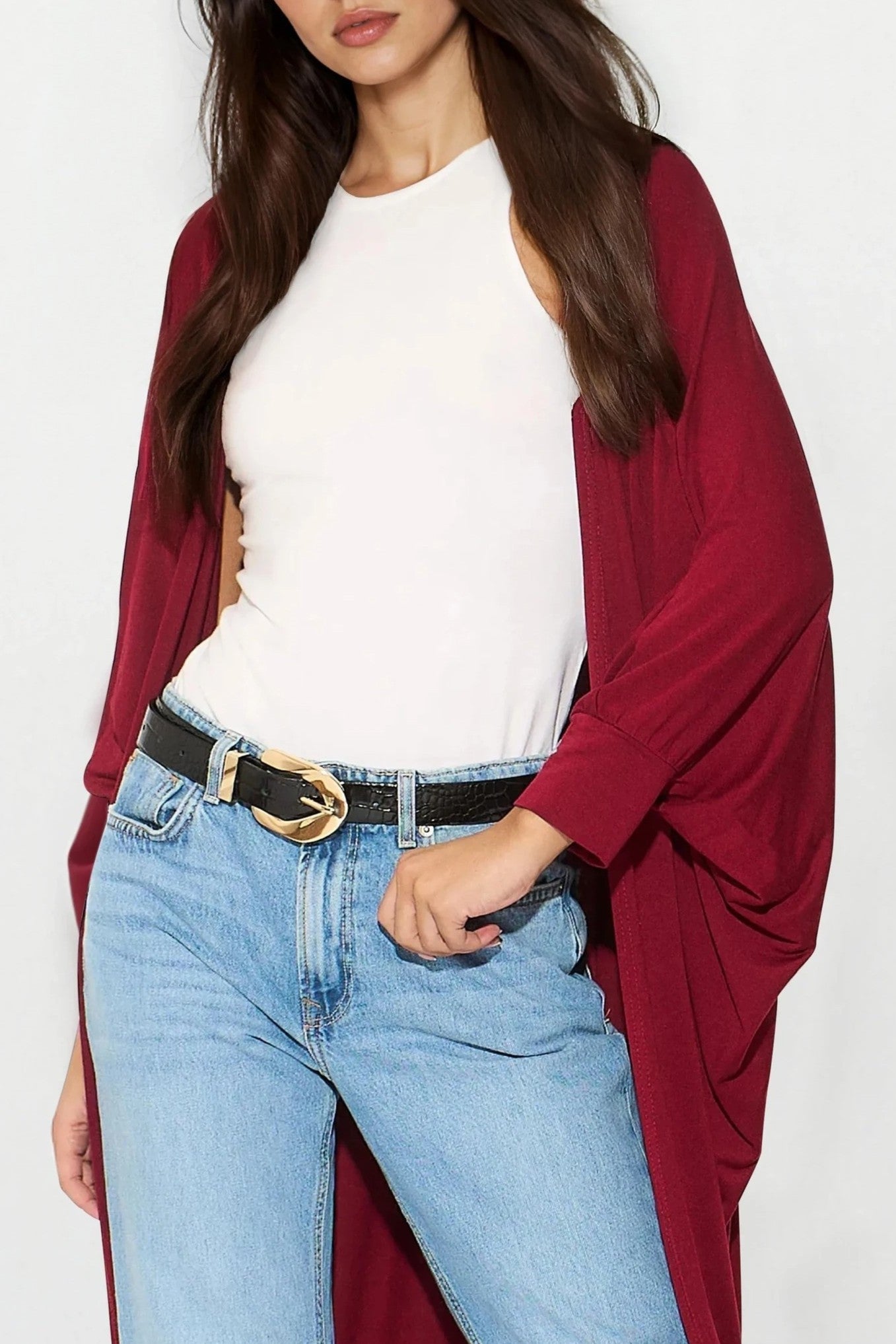 Wine Batwing Sleeve Kimono Cardigan