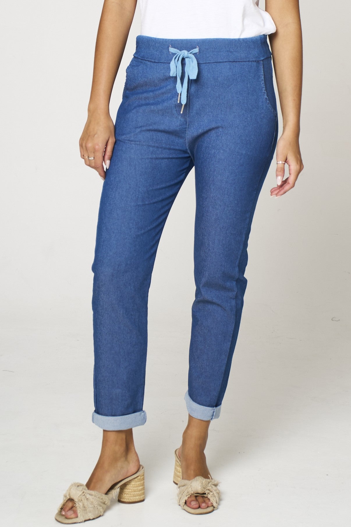 Denim Blue Stretch Drawstring Trousers