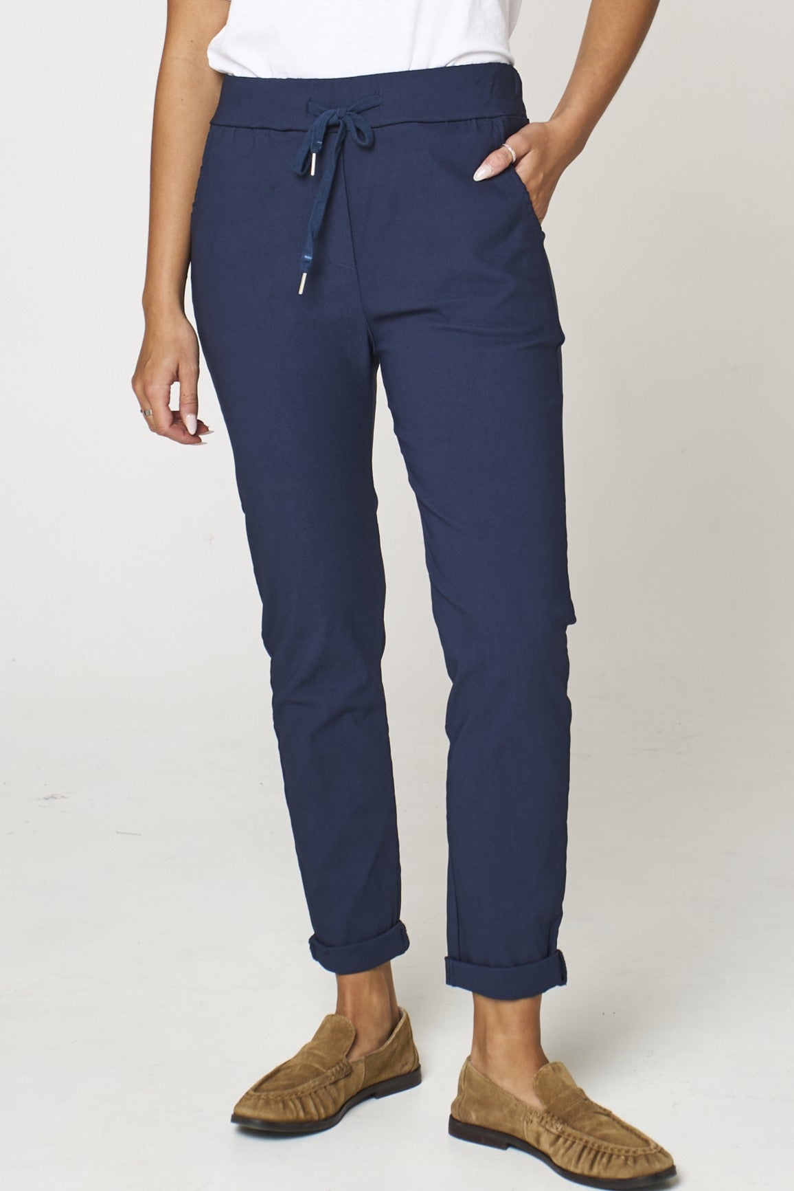 Navy Stretch Drawstring Trousers