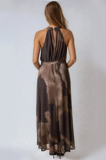 Brown Halterneck Belted Maxi Dress