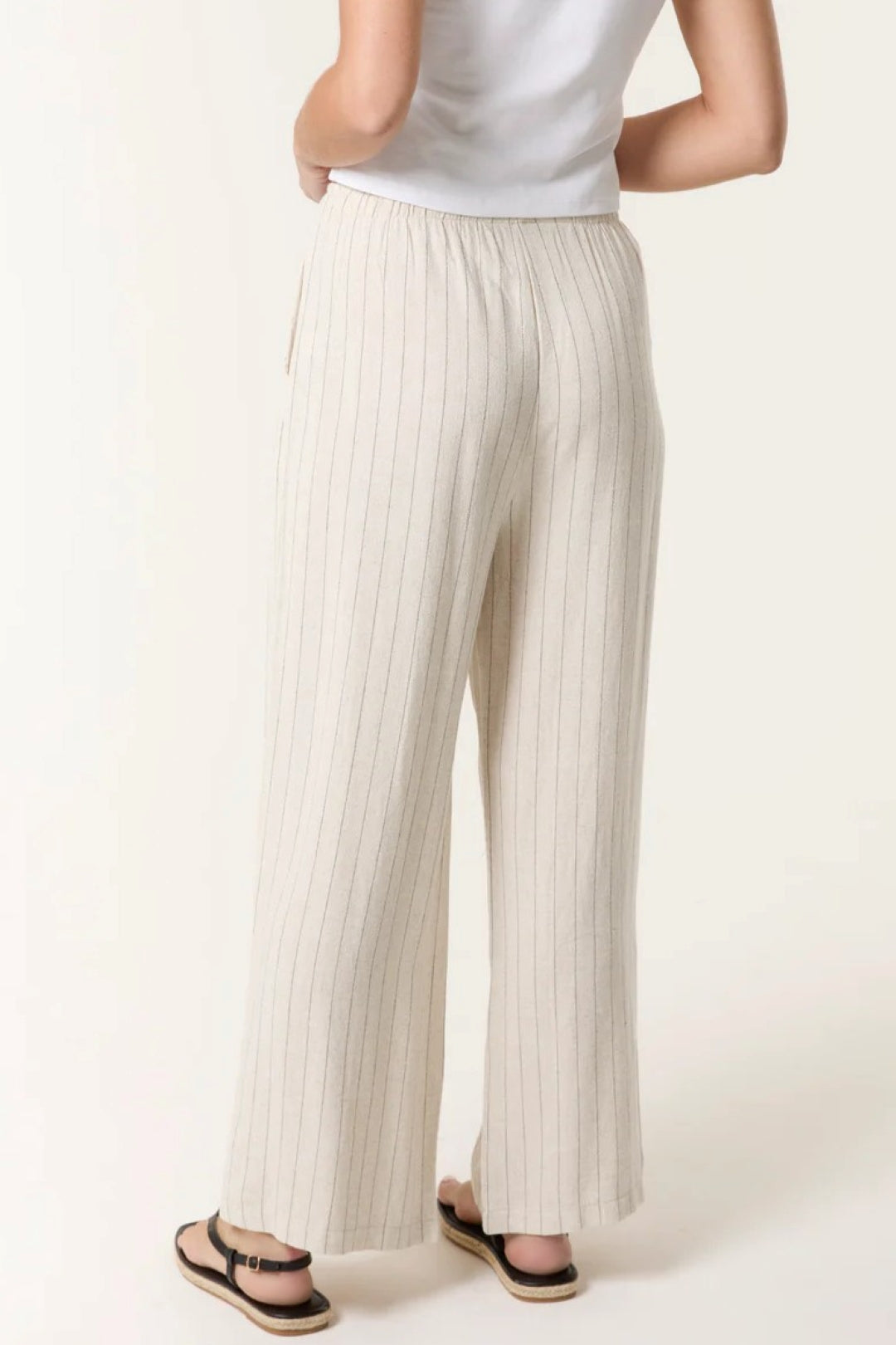 Beige Linen Blend Pin Striped Wide Leg Trousers