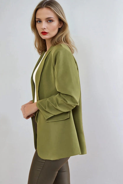 Khaki Blazer with Ruched Sleeves