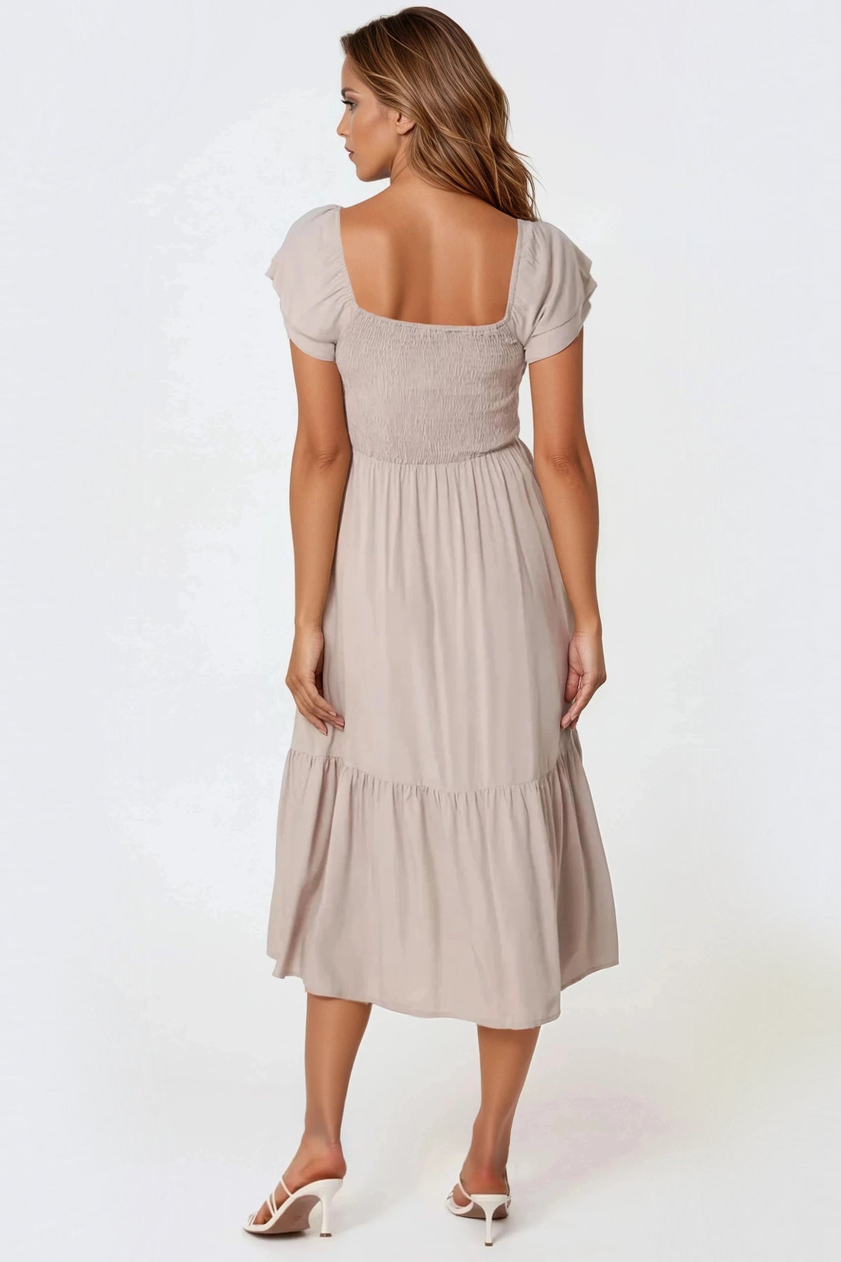 Beige Smock Midi Dress