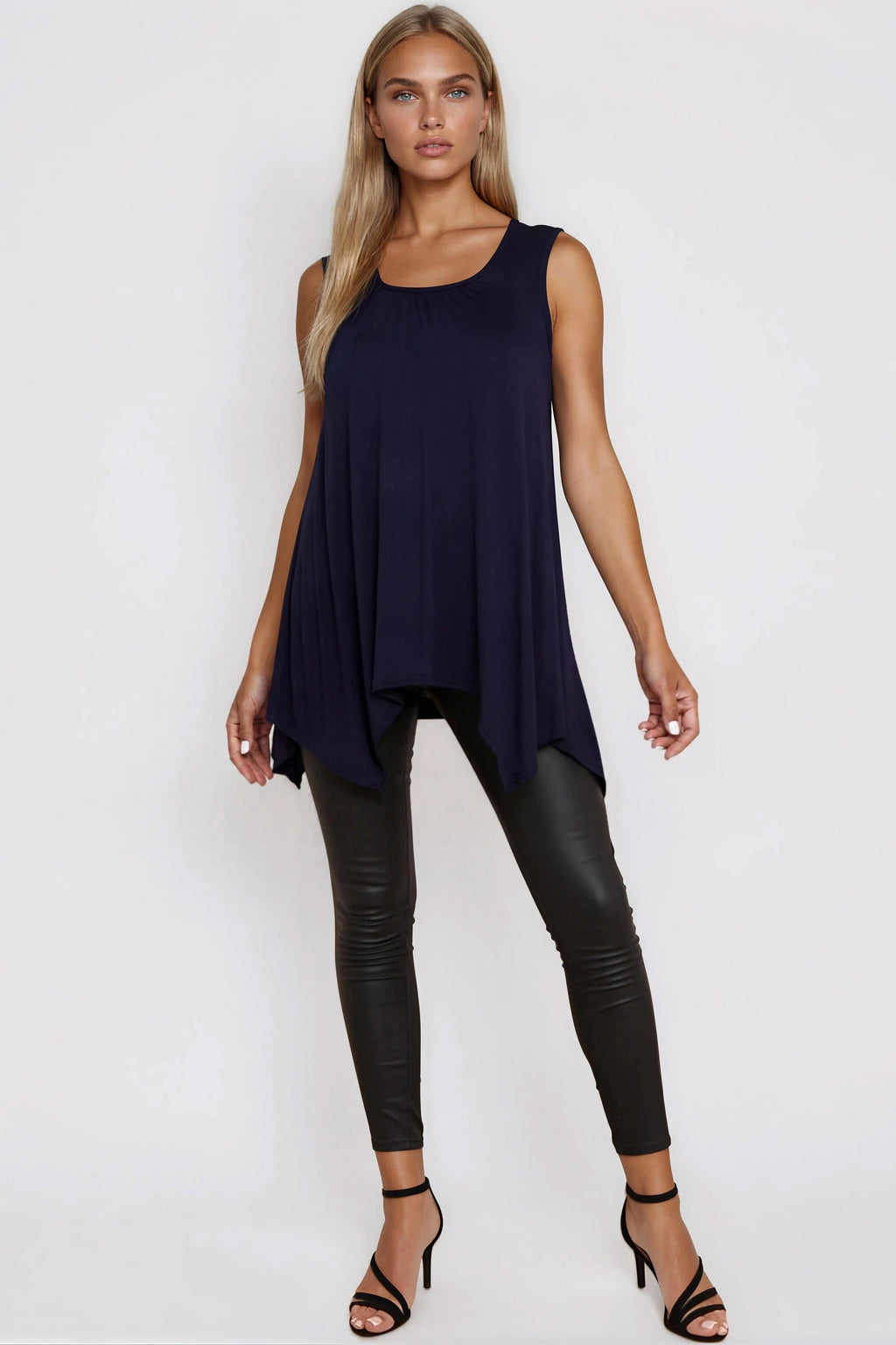 Navy Sleeveless Top With Asymmetric Hem