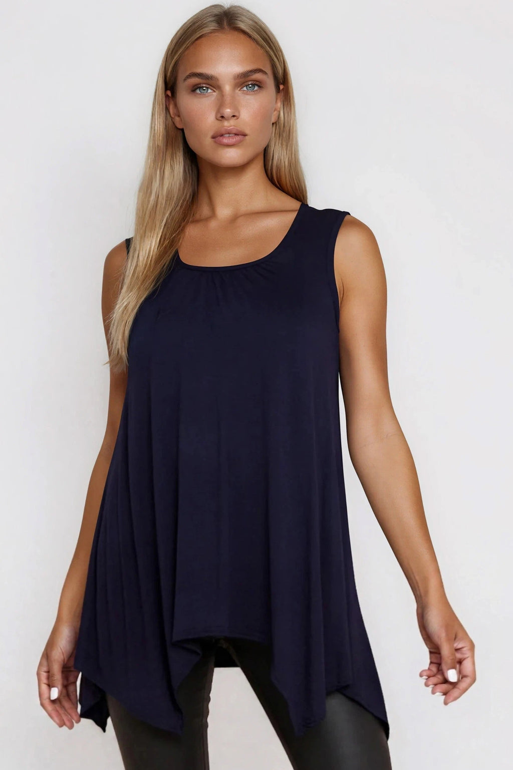 Navy Sleeveless Top With Asymmetric Hem